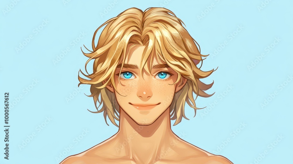 Cheerful anime guy with blonde hair, bright smile, set against a simple, clean backdrop for a lively vibe. Cheerful anime guy with blonde hair, bright smile, set against a simple, clean backdrop for a lively vibe.