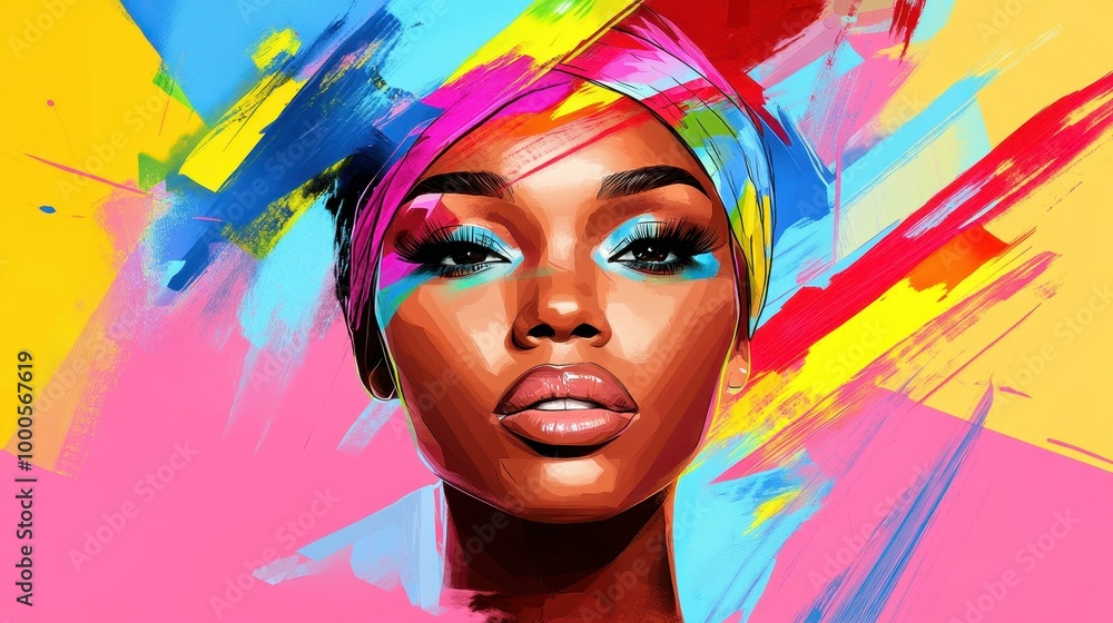 Obraz premium A striking artistic portrait blends cultural richness with modern flair, showcasing a confident woman who captivates the eye.