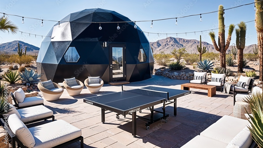 Fototapeta premium modern, outdoor setting featuring a geodesic dome house with a dark exterior, situated in a desert landscape (1)