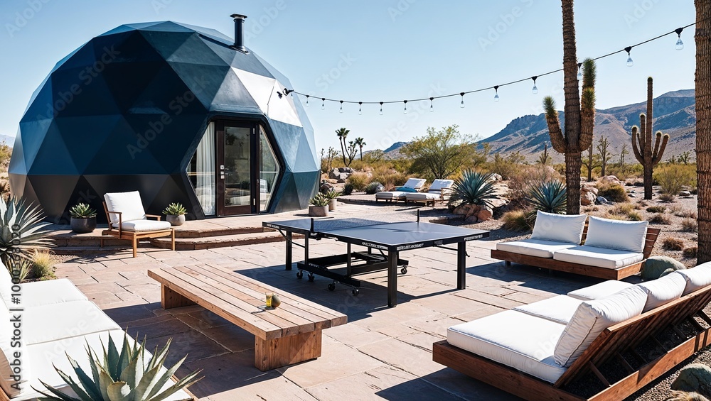 modern, outdoor setting featuring a geodesic dome house with a dark exterior, situated in a desert landscape (1) modern, outdoor setting featuring a geodesic dome house with a dark exterior, situated in a desert landscape (1)