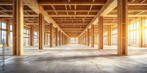 Wallpaper Mural A spacious interior with rows of wooden beams and pillars, sunlight filtering through large windows illuminating the rough concrete floor Torontodigital.ca