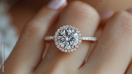 A sparkling halo diamond engagement ring, with a large center stone set in a rose gold band, sits on a finger, capturing the promise of forever