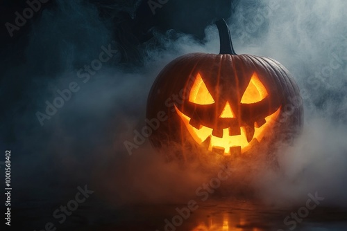 Halloween pumpkin face lantern at night with misty smoke. Halloween background - generative ai