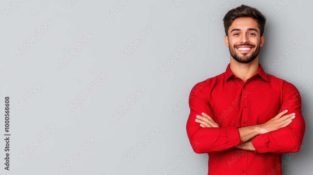 Obraz premium A smiling Indian man in a red shirt exudes confidence, crossing his hands in a gesture of success against a gray backdrop.