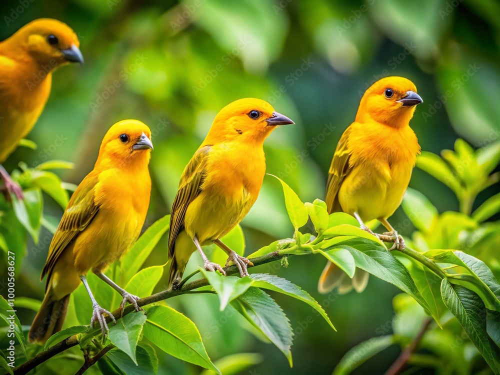 Vibrant Yellow Birds Perched Among Lush Green Foliage in a Serene Natural Setting Vibrant Yellow Birds Perched Among Lush Green Foliage in a Serene Natural Setting