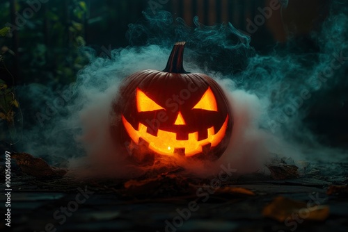 Halloween pumpkin face lantern at night with misty smoke. Halloween background - generative ai