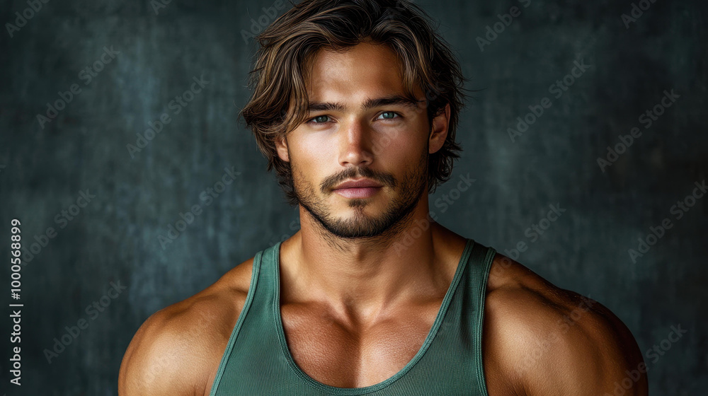 Obraz premium A focused young man showcases his impressive physique in an athletic tank top against a clean backdrop.