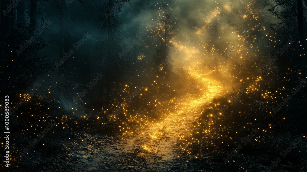 Mystical Trail of Gold Dust in Dark Forest Mystical Trail of Gold Dust in Dark Forest