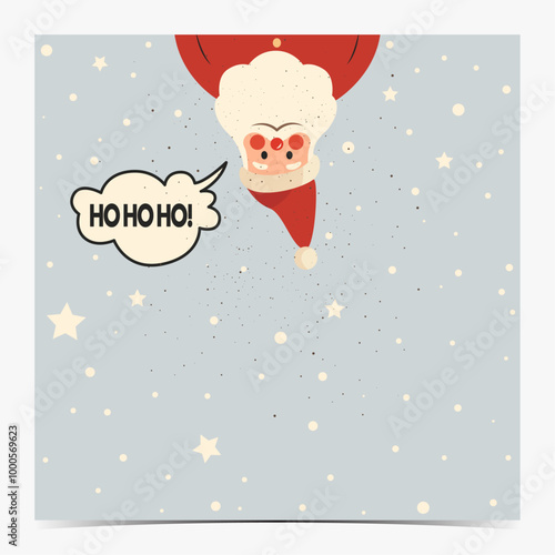 Funny Christmas greeting card, postcard, invitation with upside down Santa Claus on light blue, snowy background, vector illustration