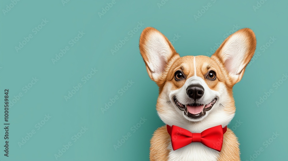 Corgi dog with a red bowtie, smiling happily Corgi dog with a red bowtie, smiling happily