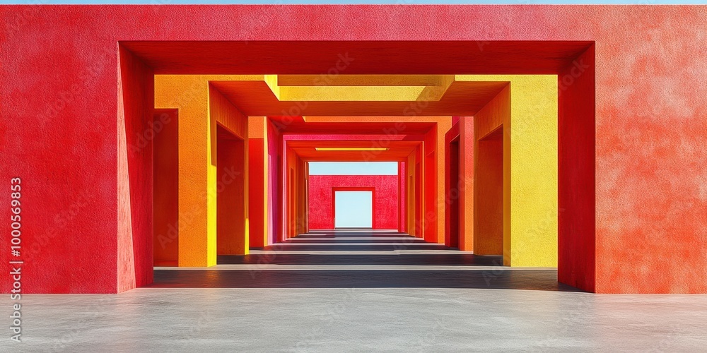 A Vibrant Architectural Passageway Leading Towards an Open Sky with a Playful Array of Red, Orange, and Yellow Hues A Vibrant Architectural Passageway Leading Towards an Open Sky with a Playful Array of Red, Orange, and Yellow Hues