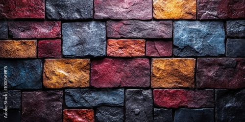 A vibrant and textured stone wall with an array of colors including red, orange, blue, and gray  Each stone has unique natural texture photo