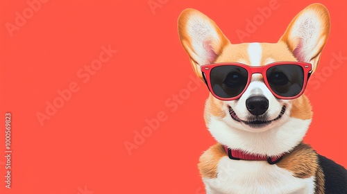 Corgi dog wearing sunglasses, orange background