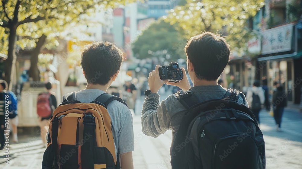 Teenagers taking pictures at a tourist spot. Tour documentation Teenagers taking pictures at a tourist spot. Tour documentation