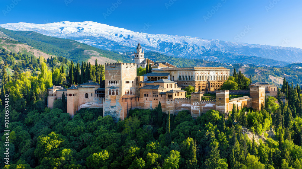 Alhambra Palace with Snowy Mountains in Granada Spain Alhambra Palace with Snowy Mountains in Granada Spain