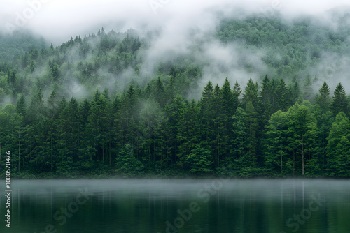 Misty morning fog blankets a calm river reflecting the forest and sunrise sky