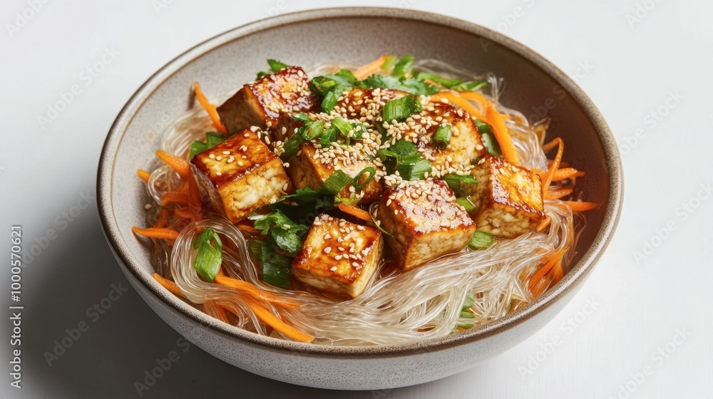 A heaping bowl of glass noodles with marinated tofu, shredded carrots, and a drizzle of spicy sesame dressing. A heaping bowl of glass noodles with marinated tofu, shredded carrots, and a drizzle of spicy sesame dressing.