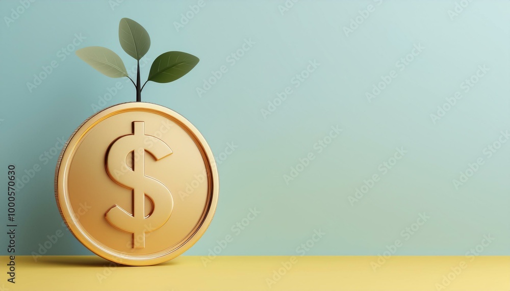 A golden dollar coin sprouting a green plant, symbolizing growth, finance, and investment in a modern, vibrant setting. A golden dollar coin sprouting a green plant, symbolizing growth, finance, and investment in a modern, vibrant setting.