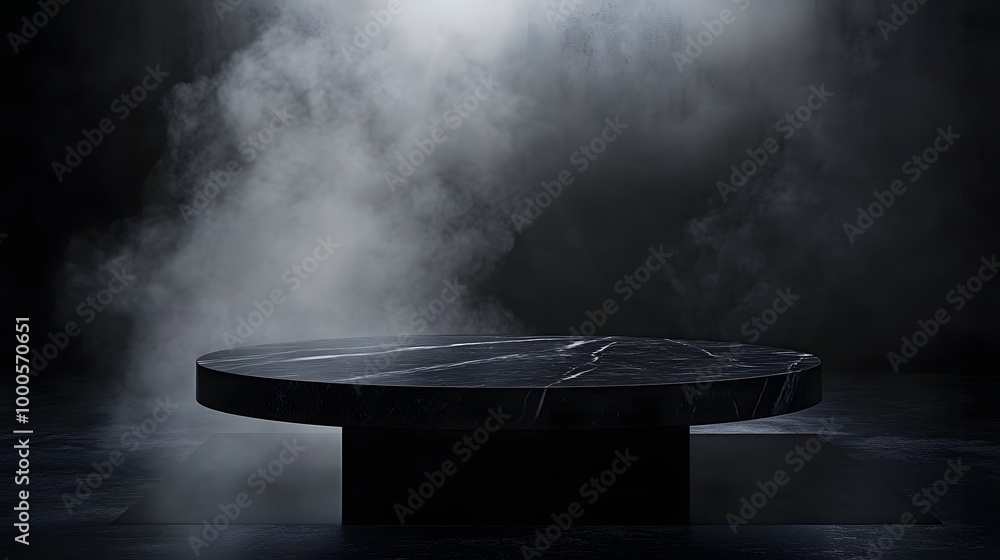 5. A dramatic depiction of a black marble table stand in a dark room, complemented by a sleek black stone floor and enveloped in gentle smoke, setting the stage for an elegant presentation 5. A dramatic depiction of a black marble table stand in a dark room, complemented by a sleek black stone floor and enveloped in gentle smoke, setting the stage for an elegant presentation