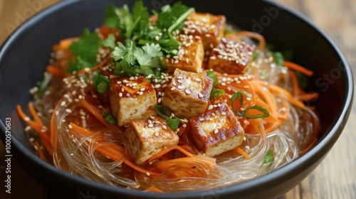 A heaping bowl of glass noodles with marinated tofu, shredded carrots, and a drizzle of spicy sesame dressing. photo