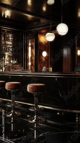 A luxurious art deco bar scene with sleek stools, dark marble counters, and ambient lighting, evoking the jazzfilled speakeasies of the 1930s photo