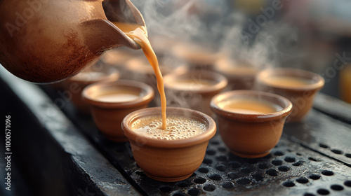 warm cup of traditional masala chai is being poured from height, creating delightful cascade of steam and flavor. clay cups are arranged neatly, inviting cozy experience