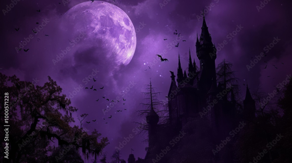 Fototapeta premium A mysterious gothic castle looms under a full moon, surrounded by a purple-tinted sky filled with flying bats. The eerie atmosphere and twisted trees create a spooky yet enchanting scene, perfect for