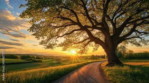 A large tree with branches that reach out wide, casting long shadows over a quiet countryside road during sunset, the sky painted with warm hues.