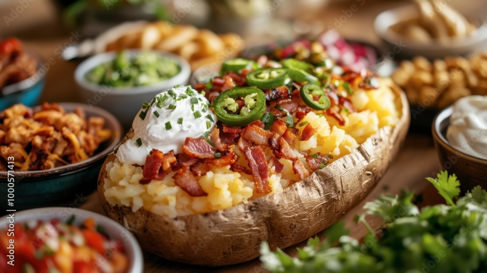 A loaded baked potato bar with various toppings like sour cream, chives, shredded cheese, bacon bits, and jalapeos. A loaded baked potato bar with various toppings like sour cream, chives, shredded cheese, bacon bits, and jalapeos.