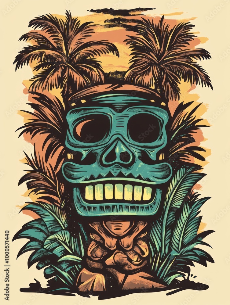 A blue skull tiki with a toothy grin, framed by palm trees and lush foliage against a sunset backdrop. A blue skull tiki with a toothy grin, framed by palm trees and lush foliage against a sunset backdrop.