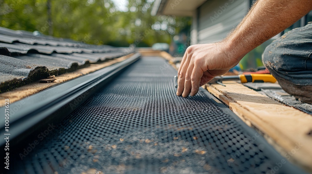 Hand Installing Gutter Mesh Protection on a Roof Hand Installing Gutter Mesh Protection on a Roof