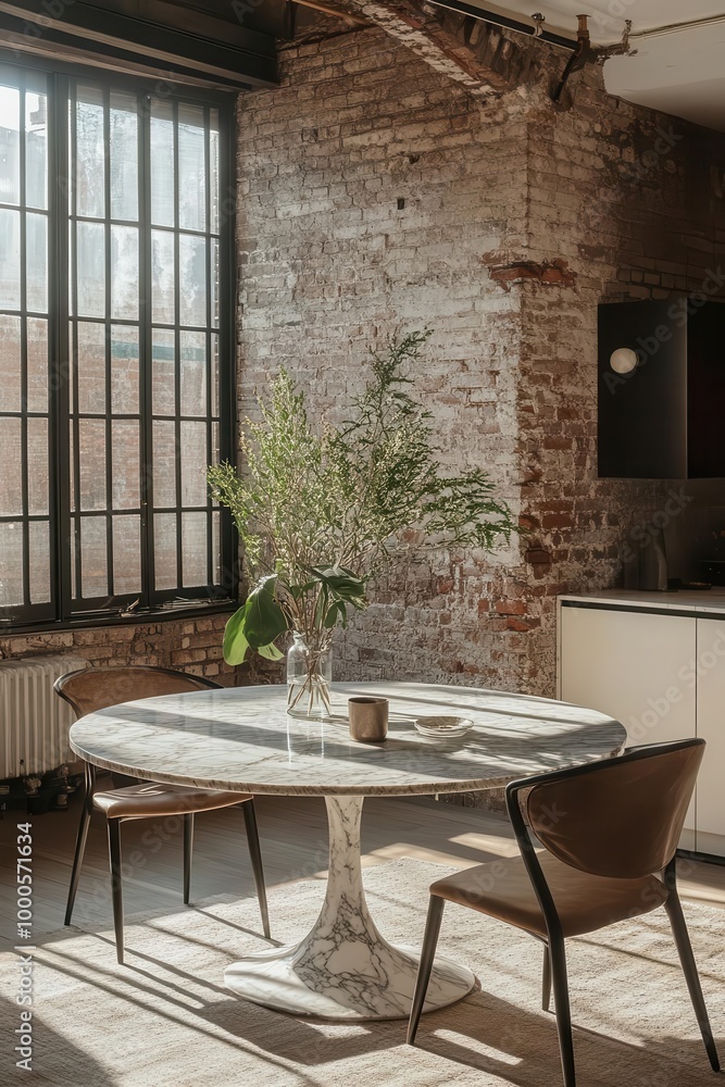 A round marble dining table in a chic urban loft, natural light streaming through industrial windows Wideangle shot, showcasing the smooth marble and airy space A round marble dining table in a chic urban loft, natural light streaming through industrial windows Wideangle shot, showcasing the smooth marble and airy space
