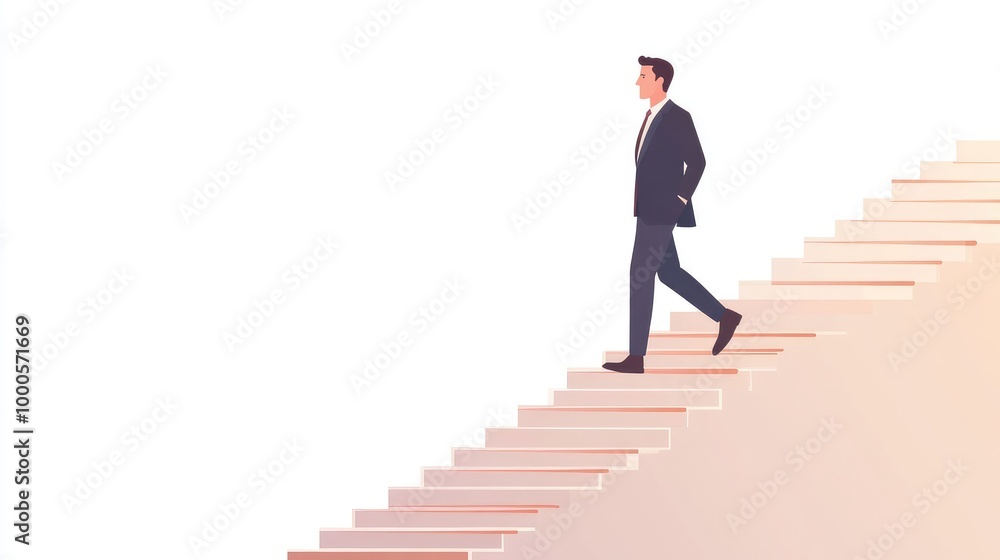 Business leader ascending staircase, success metaphor, flat vector illustration, isolated on white background Business leader ascending staircase, success metaphor, flat vector illustration, isolated on white background
