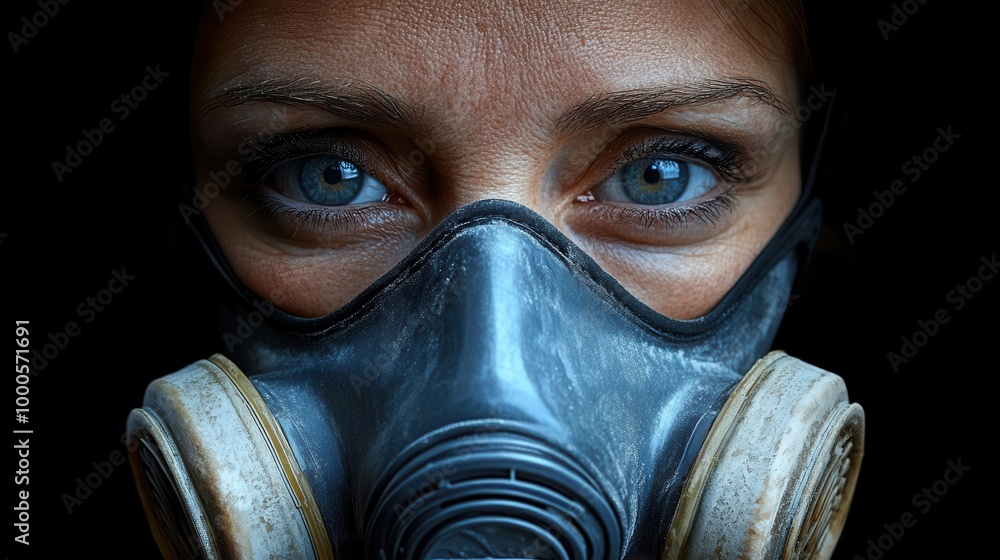 A weathered gas mask obscures the face of a person with piercing blue eyes, revealing the human cost of environmental hazards A weathered gas mask obscures the face of a person with piercing blue eyes, revealing the human cost of environmental hazards