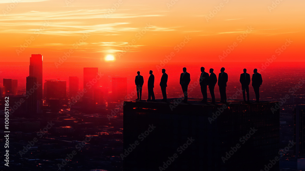 Silhouette group of businessmen and businesswomen stand together with a highrise city in the sunset background. Silhouette group of businessmen and businesswomen stand together with a highrise city in the sunset background.