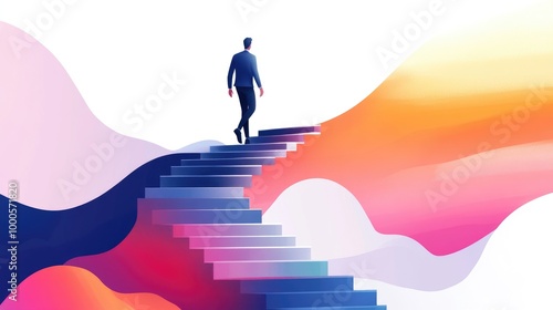 Businessman climbing stairs towards goal, business progress, abstract modern illustration, isolated on white background  photo