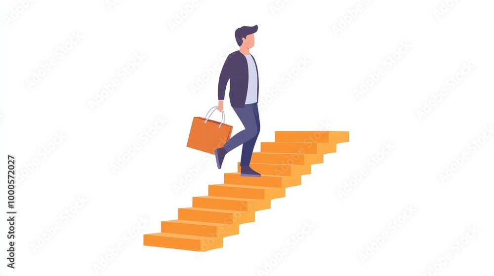 Entrepreneur ascending staircase, path to success, modern flat design, isolated on white background Entrepreneur ascending staircase, path to success, modern flat design, isolated on white background