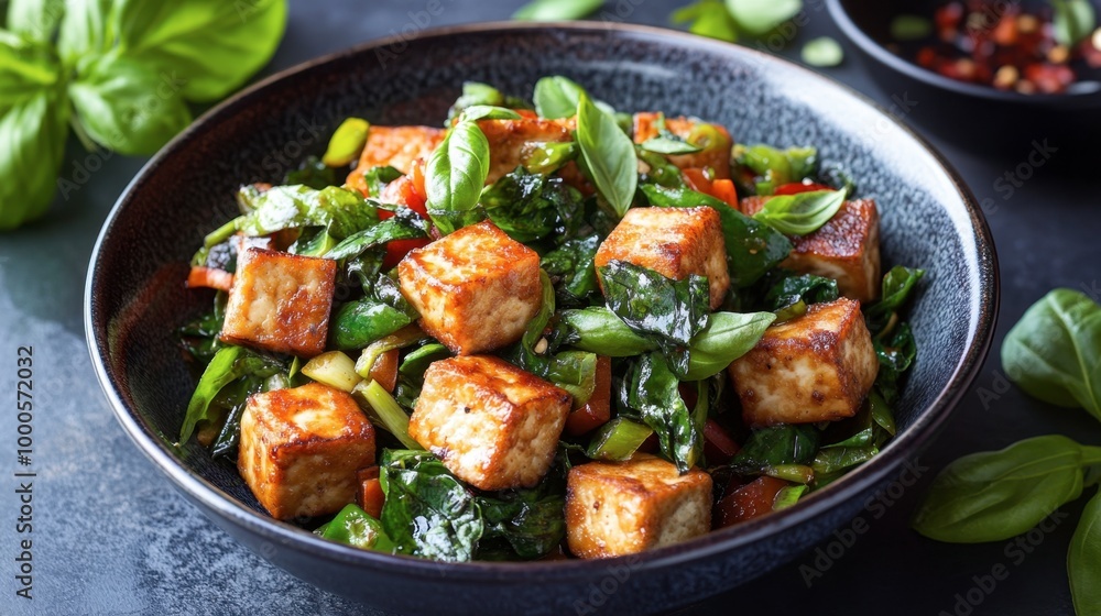 A modern twist on fried basil with vegetarian tofu stir-fry, vibrant with green herbs and colorful vegetables. A modern twist on fried basil with vegetarian tofu stir-fry, vibrant with green herbs and colorful vegetables.