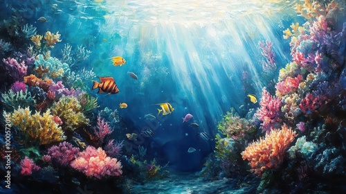 A serene underwater scene with colorful coral reefs, vibrant tropical fish, and gentle sunlight filtering through the water, creating a dreamlike ambiance