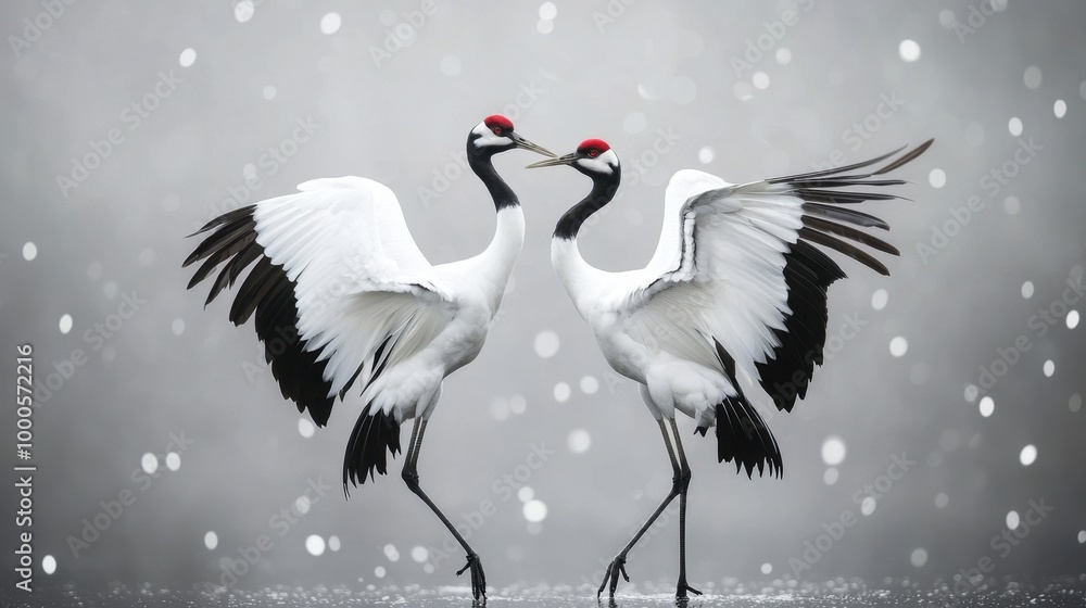 A pair of elegant cranes performing a mating dance, their long necks and legs moving in graceful harmony. A pair of elegant cranes performing a mating dance, their long necks and legs moving in graceful harmony.