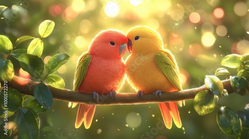 A pair of lovebirds sitting closely together on a branch, their colorful feathers and affectionate pose creating a romantic scene.