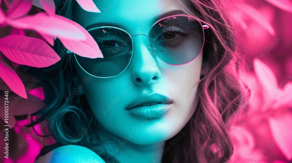 Fototapeta premium Captivating Beauty Portrait of Fashionable Woman Wearing Vibrant Makeup and Sunglasses
