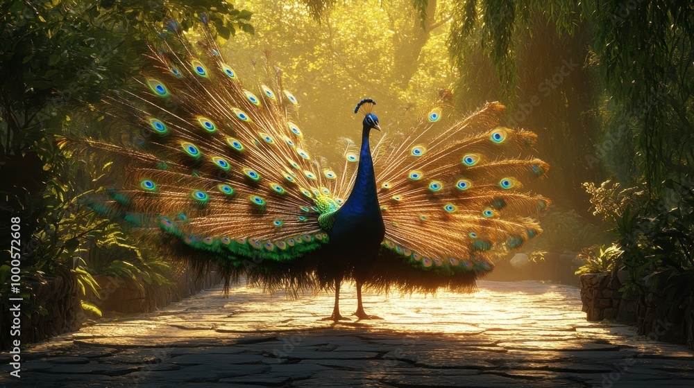 Obraz premium A peacock standing tall on a stone path, with its iridescent tail feathers fanned out in a mesmerizing display.