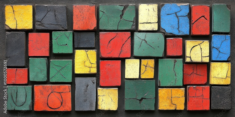 A vibrant abstract composition of rectangular wooden tiles painted in bold primary colors with distressed surfaces and cracks, creating a textured, artistic statement. A vibrant abstract composition of rectangular wooden tiles painted in bold primary colors with distressed surfaces and cracks, creating a textured, artistic statement.