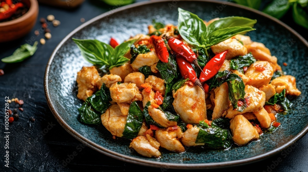 A plate of fried basil with chicken, with fresh Thai chili peppers adding a pop of color and spice to the delicious meal. A plate of fried basil with chicken, with fresh Thai chili peppers adding a pop of color and spice to the delicious meal.
