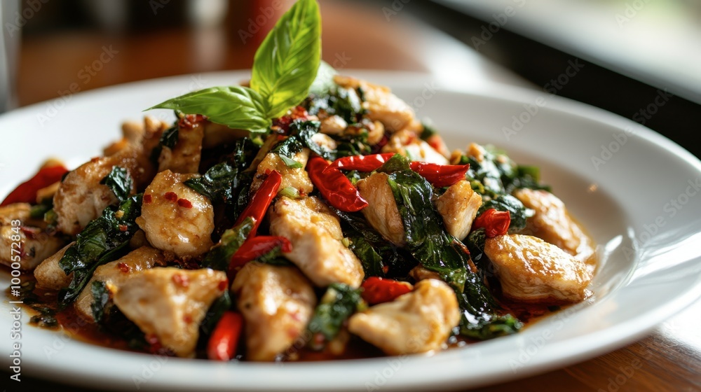 A plate of fried basil with chicken, with fresh Thai chili peppers adding a pop of color and spice to the delicious meal. A plate of fried basil with chicken, with fresh Thai chili peppers adding a pop of color and spice to the delicious meal.