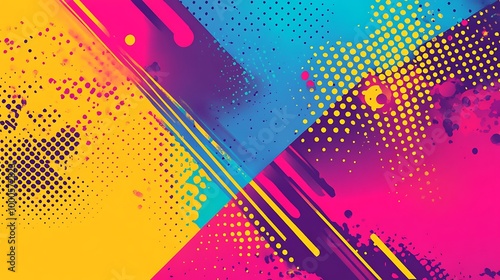 Abstract colorful geometric shapes with a halftone pattern background.