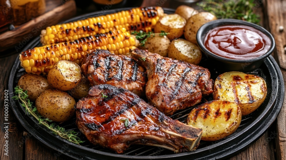 A platter of grilled pork chops and chicken wings, surrounded by grilled corn, roasted potatoes, and a tangy BBQ sauce. A platter of grilled pork chops and chicken wings, surrounded by grilled corn, roasted potatoes, and a tangy BBQ sauce.