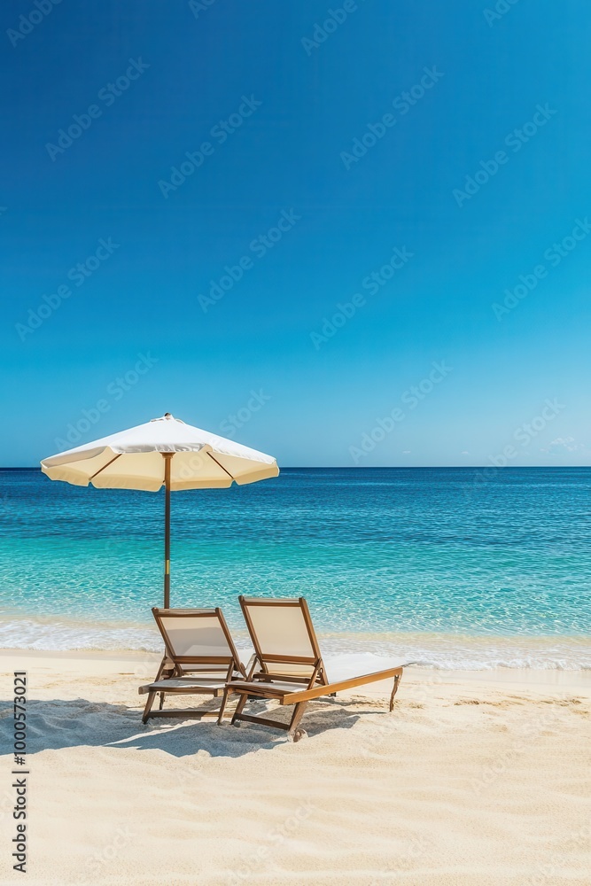 An empty beach chair and umbrella facing the calm ocean on a secluded beach The golden sands shimmer under the midday sun An empty beach chair and umbrella facing the calm ocean on a secluded beach The golden sands shimmer under the midday sun