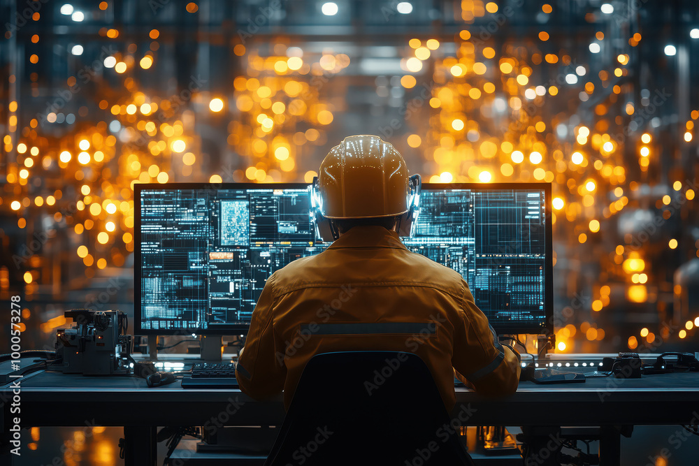 Engineer using computer at Industrial factory. Engineer using computer at Industrial factory.